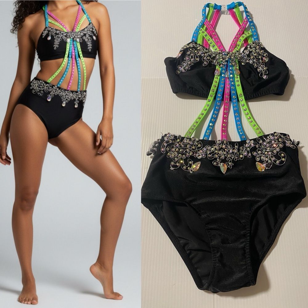 Glamour solo dance costume 2 piece style neon black bedazzled LC-large child